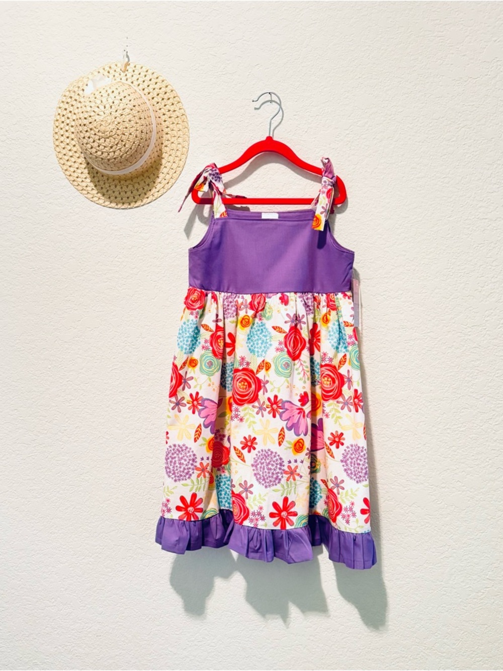 Purple Floral Tie-Shoulder Kids Dress